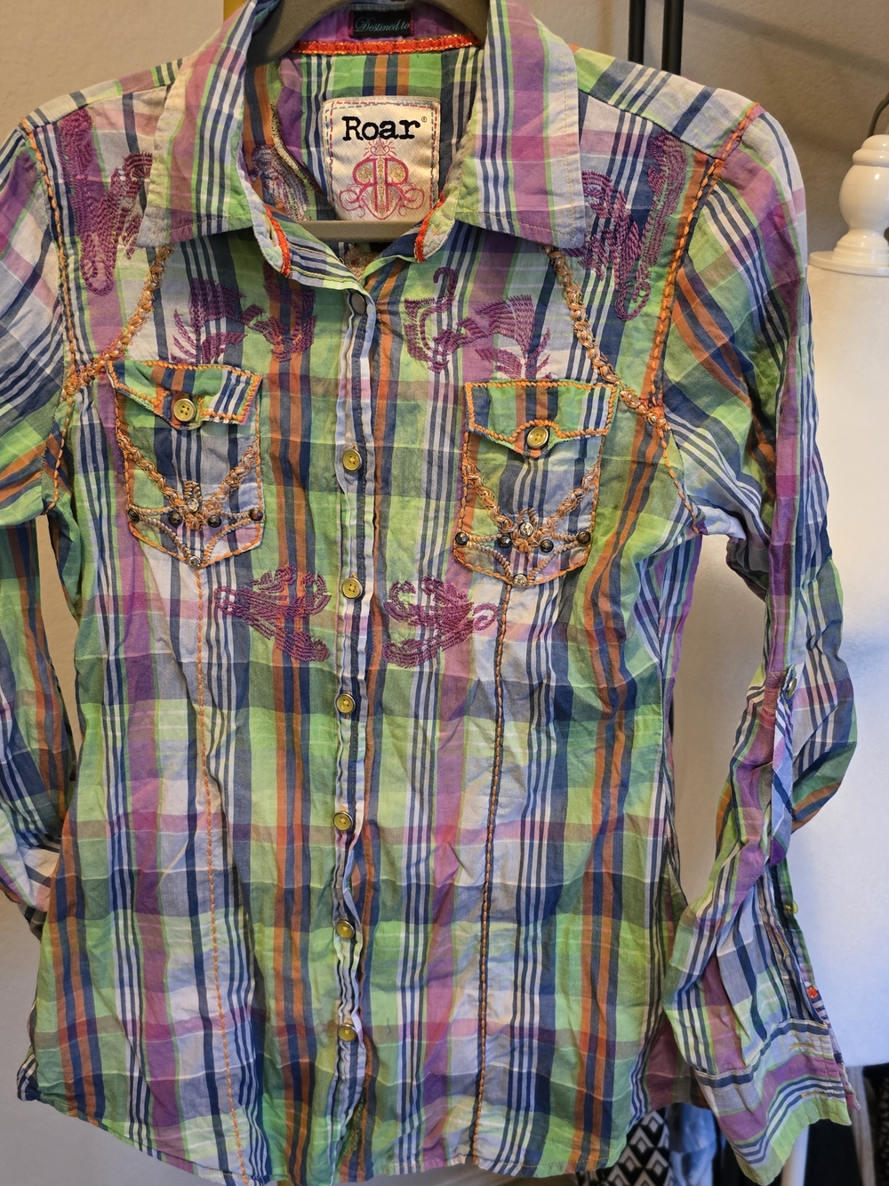 Roar Embellished Plaid Button-Down in Green, Blue & Purple